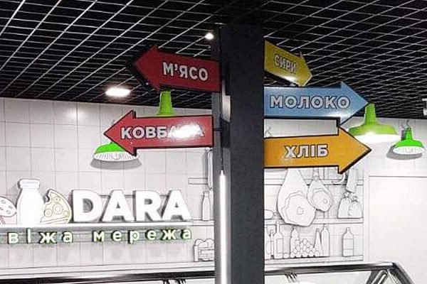 рекламні покажчики у продуктовому магазині